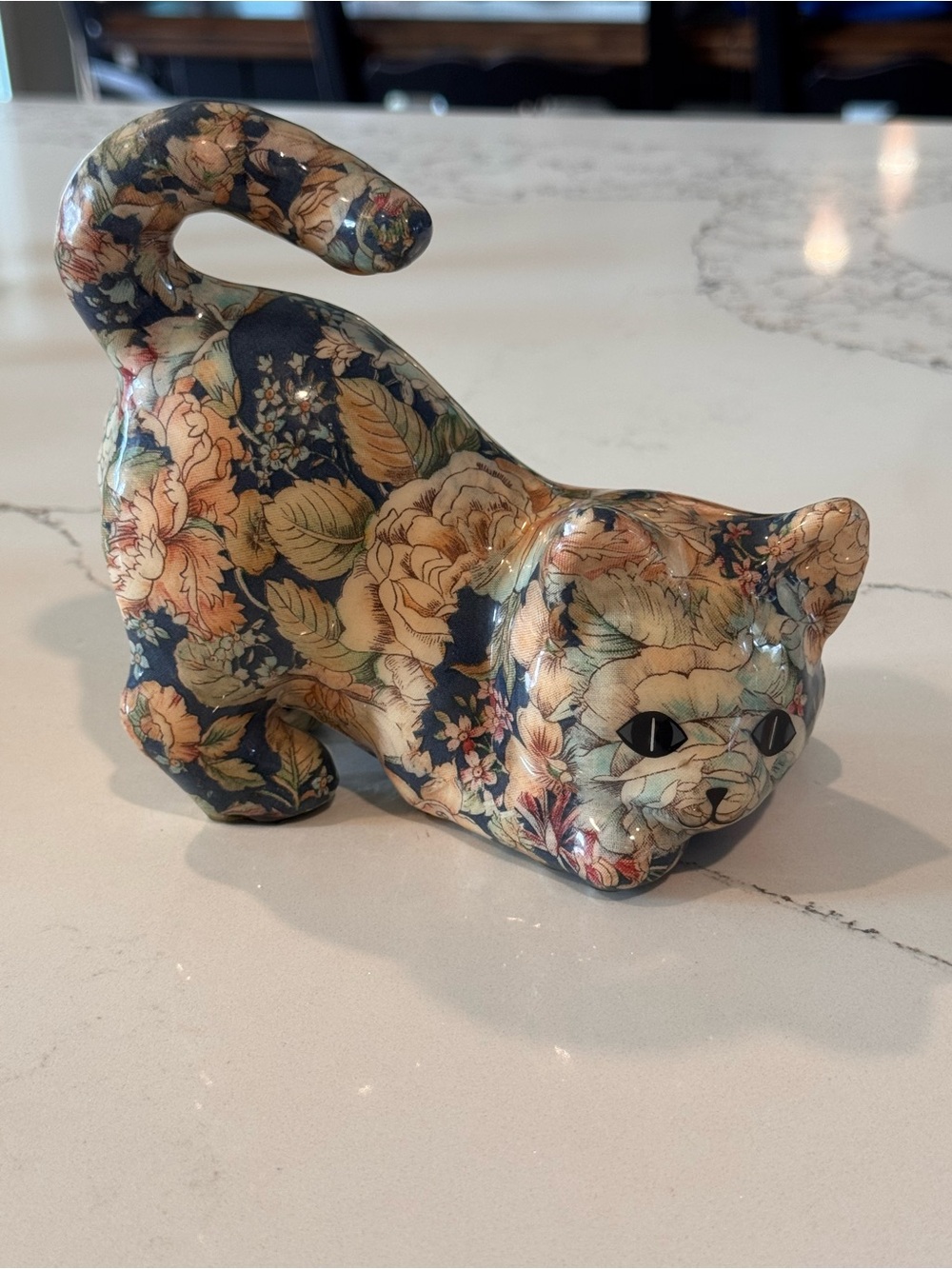 Floral Cat Figurine in Navy and Cream